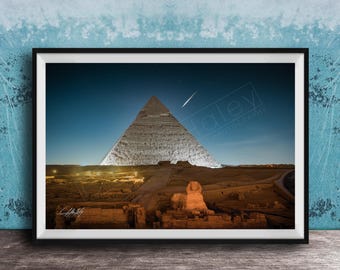 Pyramids of Giza Shooting Star Night Sky Art Print