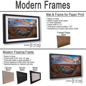 The image is a collage of three framed artworks, each depicting a different landscape scene. The artworks are presented in various frame sizes and materials, including a mat and frame for paper print, a modern floating frame, and a framed paper back. The artworks showcase the versatility of framed artworks and their ability to enhance the presentation of various landscapes.