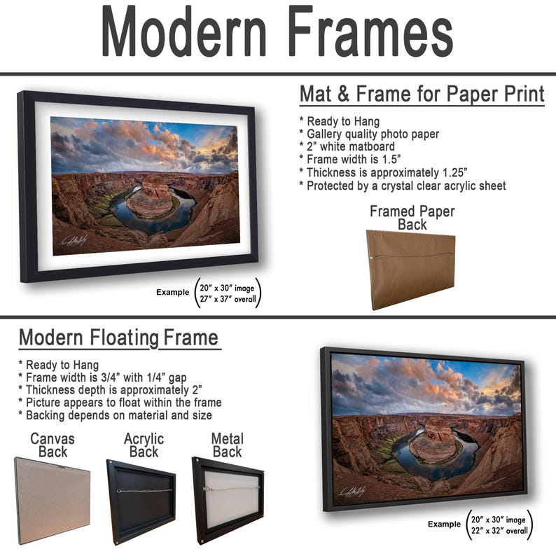 The image is a collage of three framed artworks, each depicting a different landscape scene. The artworks are presented in various frame sizes and materials, including a mat and frame for paper print, a modern floating frame, and a framed paper back. The artworks showcase the versatility of framed artworks and their ability to enhance the presentation of various landscapes.