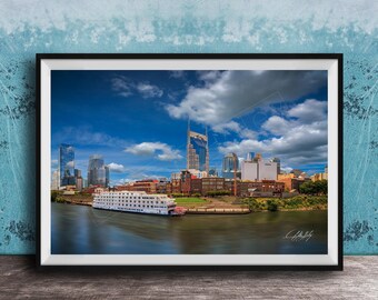 Nashville Skyline, Bat Building with Riverboat - Cityscape Wall Art