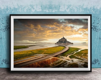 Mont Saint Michel, Normandy Landmark | Sunset Coastal Print - Wall Decor