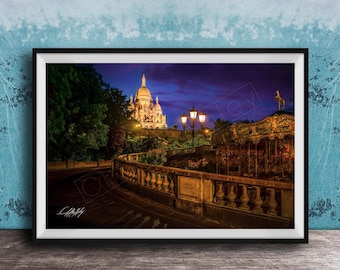 Montmartre Paris Print: Sacré-Cœur Basilica Blue Hour Rain Scene