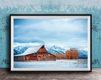 Moulton Barn Wall Art: Snowy Sunrise at Grand Tetons - Rustic Nature Scene