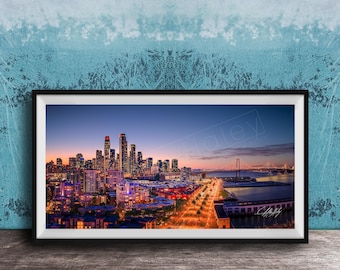 San Francisco Oakland Bay Bridge Wall Art: Sunrise Skyline - Warm Light Cityscape