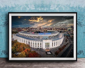 Yankees Stadium Wall Art, Autumn Sunset, Aerial Photo (Framed Print)