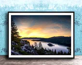 Emerald Bay Lake Print, Serene Mountain Panorama | Nature Wall Decor | Calming Blue Green Art