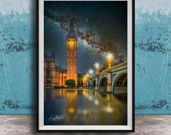 Big Ben Wall Art: London Cityscape Milky Way - Neo-Gothic Style