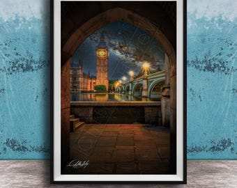 Big Ben Wall Art: London Cityscape Milky Way - Neo-Gothic Style