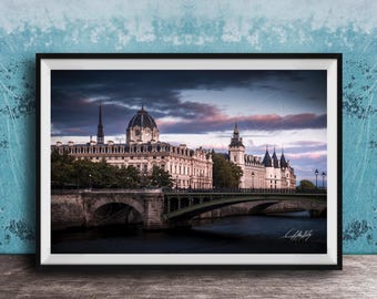 Paris Bridge Wall Art: Pont Notre Dame at Blue Hour - Seine River View