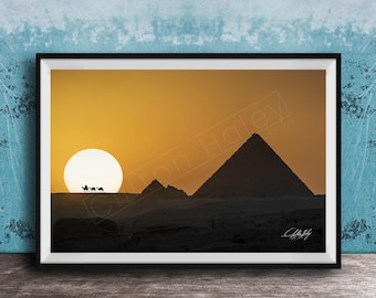 Sunset Wall Art: Giza Pyramids with Camels - Warm Earth Tones