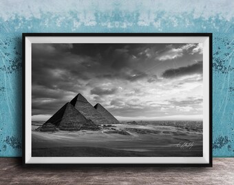 Giza Pyramids Sunset Print, Desert Black & White Fine Art Photography