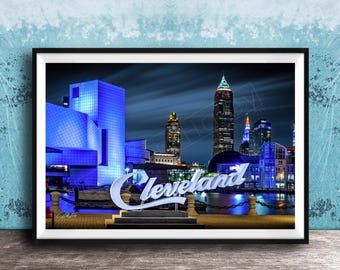Cleveland Skyline, Script Urban Night View Photograph | Ohio Cityscape | Fine Artwork