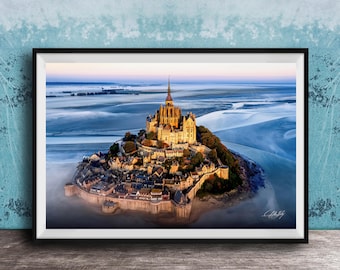 Mont Saint Michel, Sunrise Reflection Poster | Normandy Coastal Fine Print - Rocky Island Vista