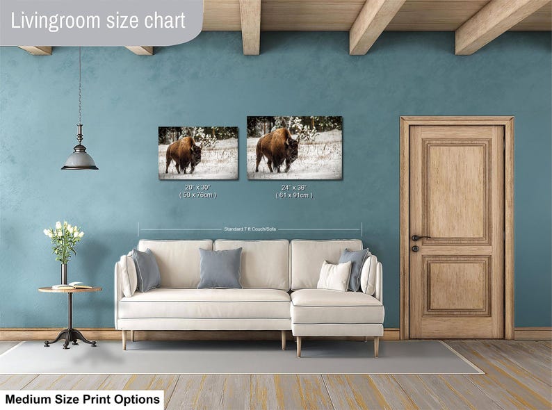 a living room with a white sofa, a wooden door, and a painting of a bison on the wall. The living room has a blue wall and a wooden ceiling.