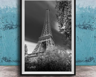 Paris Eiffel Tower Print, Black and White Photo (Long Exposure)