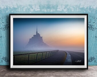 Mont Saint Michel, Sunrise Fog Poster | Normandy Coastal Print | Abbey View, Stormy Sky Artwork