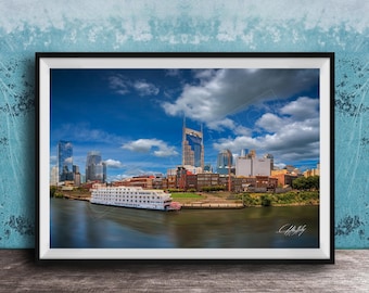 Nashville Skyline, Bat Building with Riverboat - Cityscape Wall Art