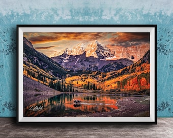 Colorado Mountain Art Print: Maroon Bells with Moose - Autumn Colors