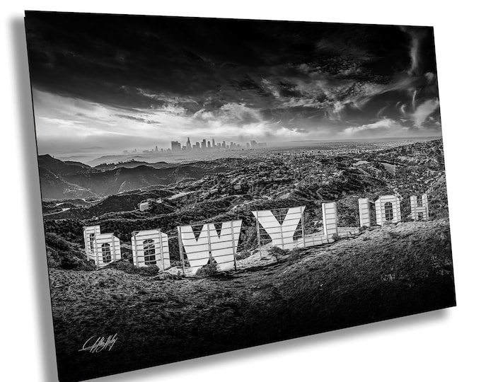 Featured listing image: Hollywood Sign Print | Los Angeles Travel Poster | Abstract California | Black and White | LA Wall Art