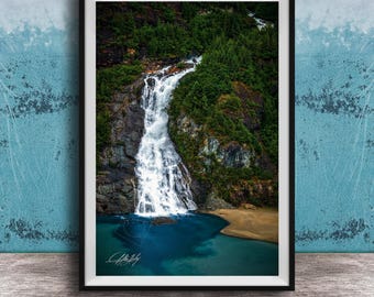 Alaska Waterfall Wall Art, Nugget Falls, Glacier View (Rustic Nature Print)
