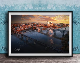 Knoxville Autumn Bridge Print, City Skyline, Sunrise (Framed or Canvas)