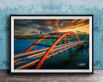 Austin Skyline Canvas Art: Pennybacker Bridge at Sunset