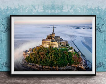 Mont Saint Michel, Sunrise Reflection - French Shoreline Poster | Long Exposure Photo | Seaside Decor