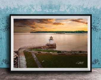 Bug Head Lighthouse Sunset Print: Portland Maine Coastal Wall Art
