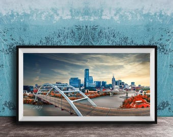 Nashville Skyline Print, Korean Veterans Bridge, Golden Hour (Sunset)