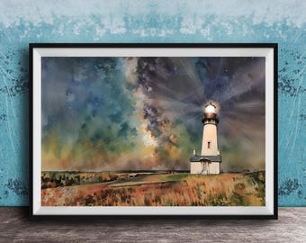 Yaquina Head Lighthouse Print: Coastal Sunset Scene (Watercolor Artwork)