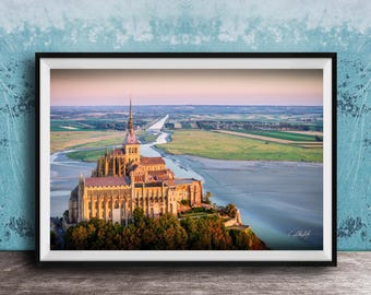 Mont Saint Michel, Sunset Glow Poster | Normandy Abbey Print | Seaside Artist Signed Reflection
