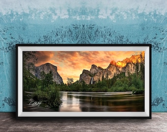 Yosemite Valley National Park Poster: (Cathedrals, Merced River, Bridalveil)