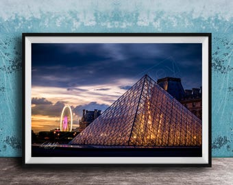 Louvre Pyramid Print: Paris Cityscape at Sunset (Framed or Canvas)