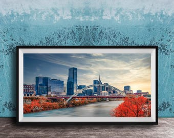 Music City Skyline Print, Autumn Glow, Korean Veterans Bridge (Canvas or Paper)