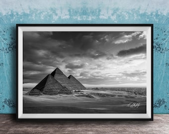 Giza Pyramids Sunset Print, Desert Black & White Fine Art Photography