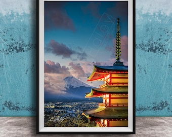 Mount Fuji Pagoda Wall Art - Cherry Blossom Sunrise View