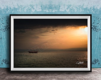 Holy Land Wall Art: Sea of Galilee Boat at Sunrise - Faith Inspired