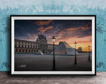 Paris Cityscape Print: Louvre Pyramid at Sunset (Framed or Canvas)