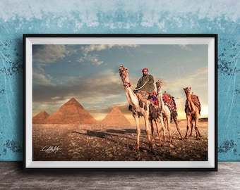 Giza Pyramids Sunset Print, Camel Caravan (Warm Golden Hour)