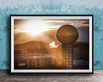 Knoxville Cityscape Print: Autumn Sunrise with Golden Sunsphere