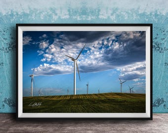 Wind Turbine Wall Art: Blue Green Minimalist Landscape