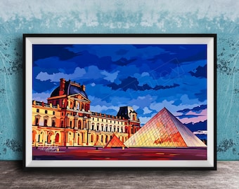 Paris Travel Poster: Louvre Pyramid Watercolor Sunset
