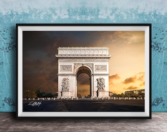 Arc de Triomphe Wall Art - Sunrise Photo with Cloudy Sky