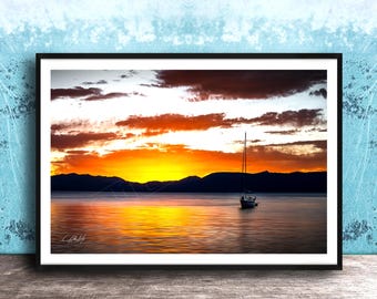 Lake Tahoe Sailboat Wall Art, Sunrise Colors, Calm Waters (Framed or Unframed)