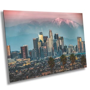 Los Angeles Skyline Pastel Art Print - zonsondergang stadsgezicht met San Gabriel Mountains - Stedelijk woondecoratiekunstwerk Californië