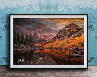 Colorado Landscape Print - Maroon Bells with Moose and Aspen Trees