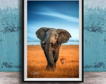 Elephant and Lion Sunrise Print: Vibrant Amboseli Safari Art