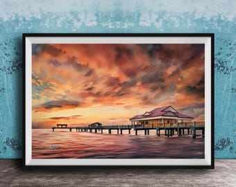 Clearwater Beach Wall Art: Pier 60 Sunset Scene (Watercolor Print)