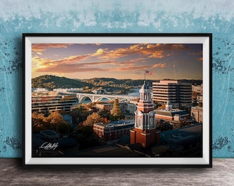 Knoxville Autumn Cityscape Print, River & Courthouse (Framed)