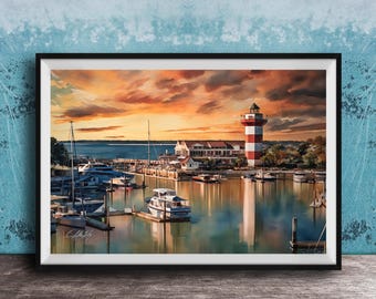 Hilton Head Canvas Print, Harbor Town Lighthouse Watercolor (Wall Decor)